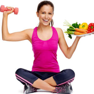 woman holding dumbbell and a plate of vegetables 